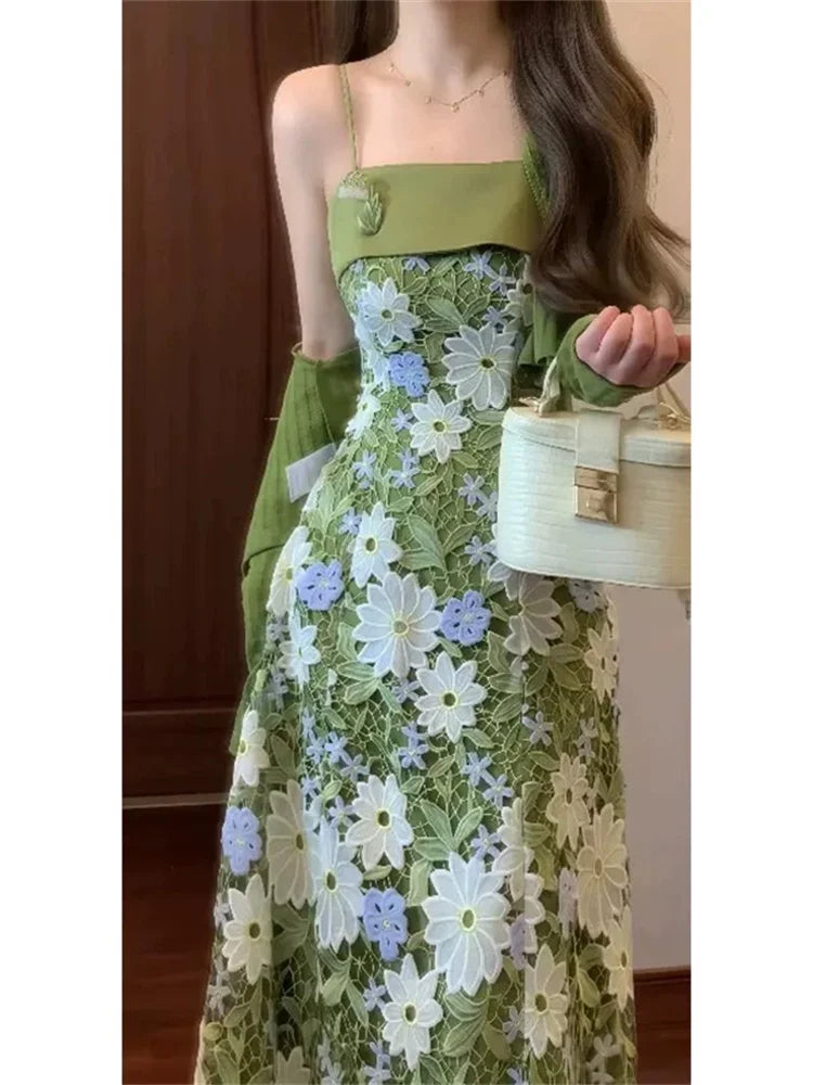 Mint Jasmine French Romantic Lace Hollow Green Strap Dress