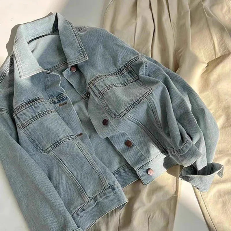 Vintage Bright Line Color Collision Workwear Denim Jacket Female Spring and Autumn Thin Small Thin Short Student Blouse Jacket