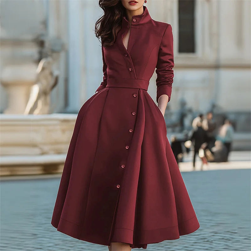 UOOZEE Women's High Waist Belted Stand Collar A-Line Party Dress Long Sleeves Buttoned Solid Color Evening Wedding Midi Dresses