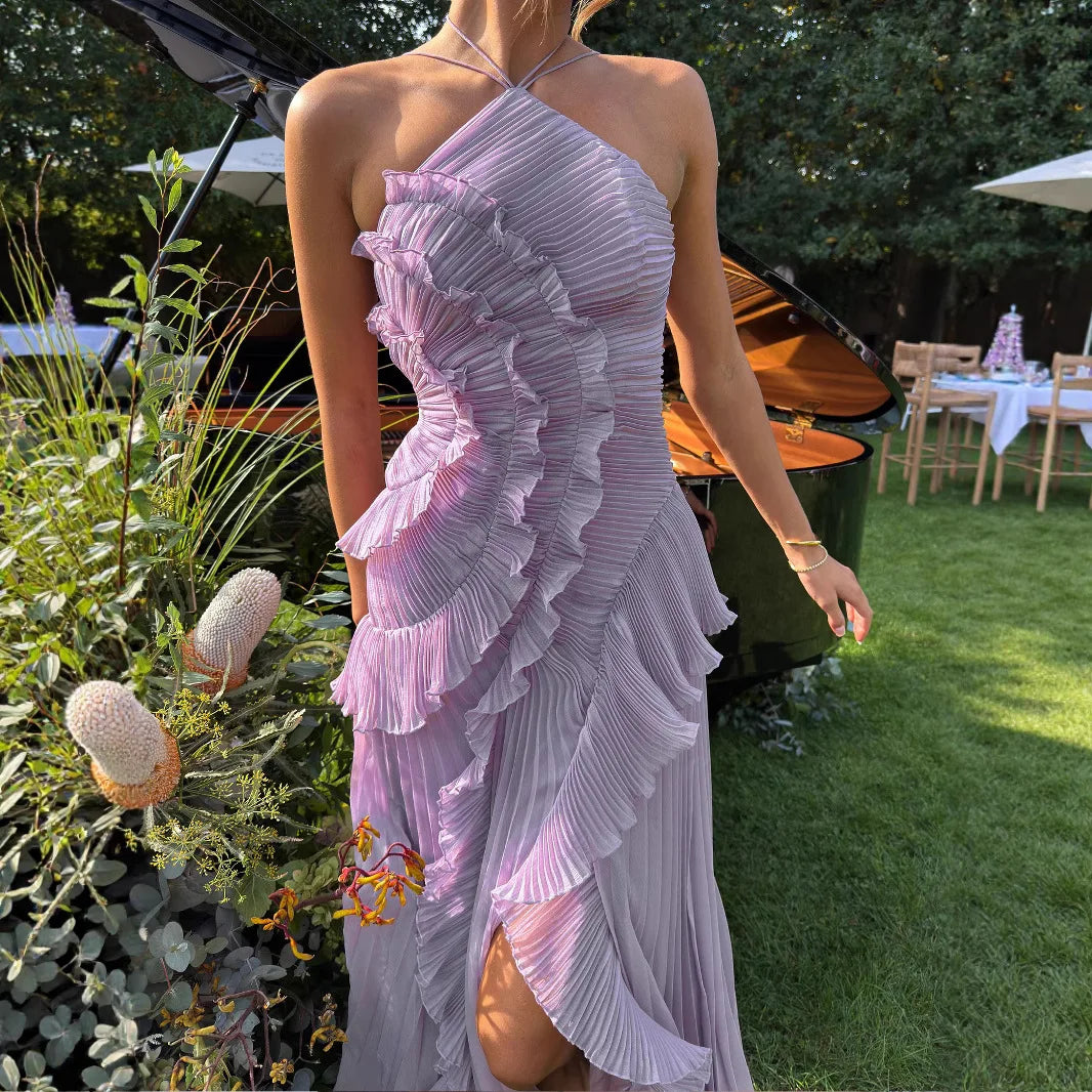 Women's summer high-end halter sleeveless irregular lace slit dress