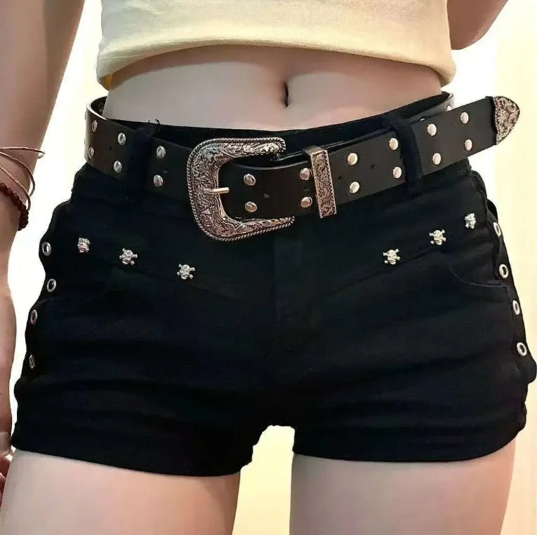 Women's Denim Shorts Dark Y2K Hip Wrap Little Black Pants Rivet Denim Shorts with Belt Street Fashion Retro Casual Shorts